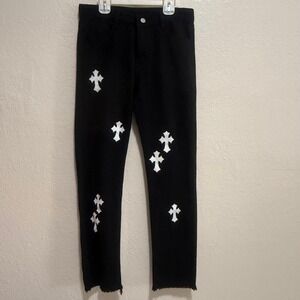 Upsurge Planet‎ Black Jeans Gothic Cross Applique Distressed Hem Size Small NWOT